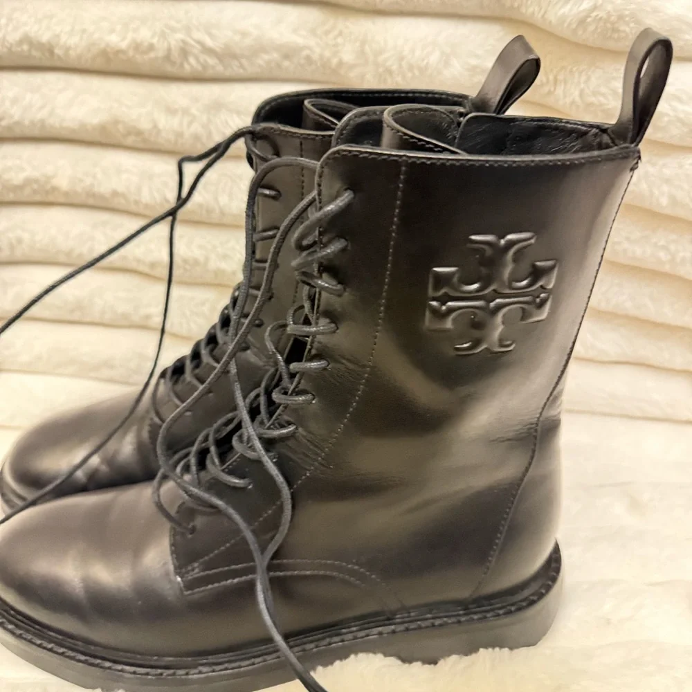 Tory Burch Black Leather Lace-Up Combat Boots with Logo